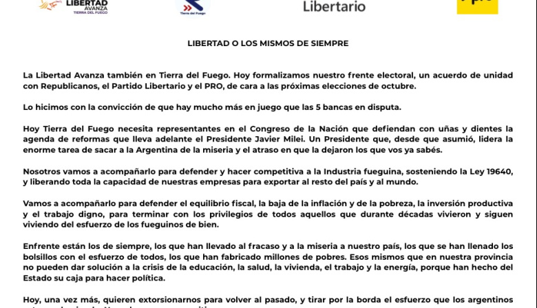 La Libertad Avanza formalizó su frente electoral en Tierra del Fuego