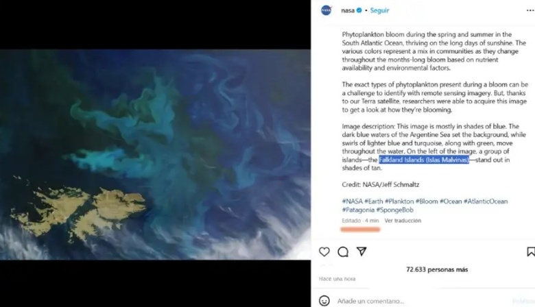 La NASA llamó "Falklands" a las Islas Malvinas y lo corrigió por los comentarios
