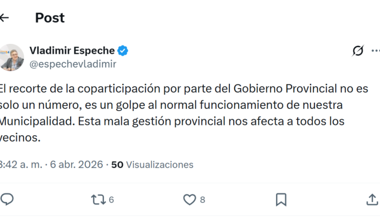 Espeche cuestionó "el recorte de coparticipación" del Gobierno Provincial a la Municipalidad de Ushuaia