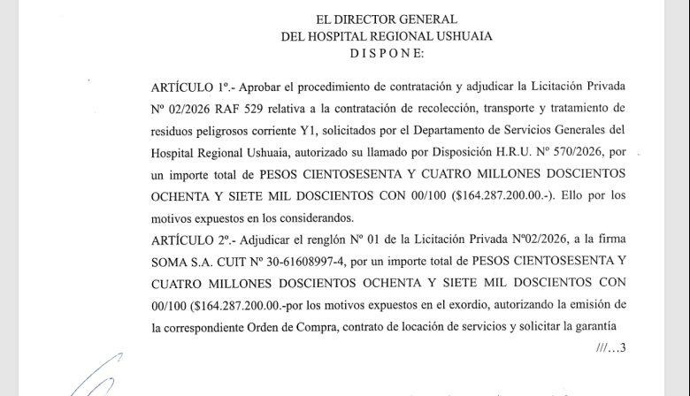 Adjudican el servicio para el tratamiento de residuos peligrosos del Hospital de Ushuaia