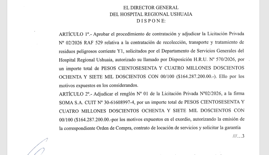 Adjudican el servicio para el tratamiento de residuos peligrosos del Hospital de Ushuaia