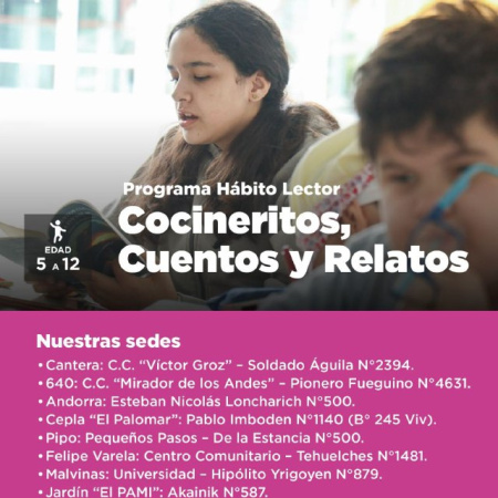 La Municipalidad abre las inscripciones al programa "Hábito lector: Cocineritos, cuentos y relatos"