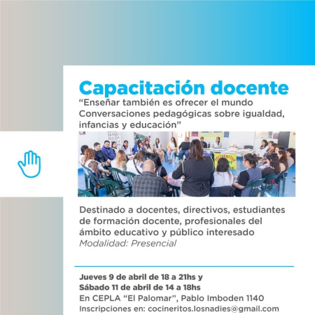 El Municipio impulsará una capacitación docente en el CePLA "El Palomar" este jueves 9 y sábado 11