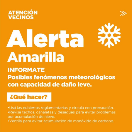 La Municipalidad informa alerta amarilla por nevadas para la tarde y noche de este lunes