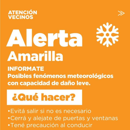 El Municipio informa alerta amarilla por nevadas intensas para la noche del lunes y la jornada del martes