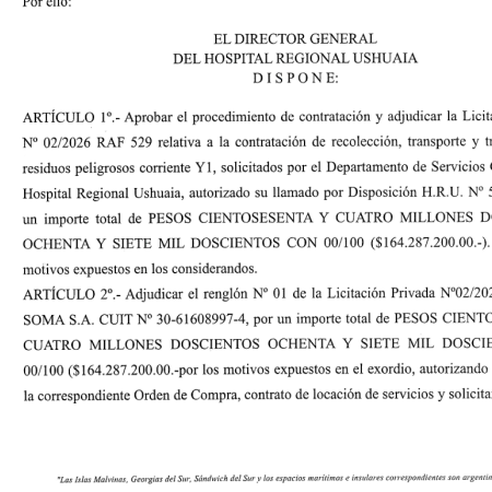 Adjudican el servicio para el tratamiento de residuos peligrosos del Hospital de Ushuaia